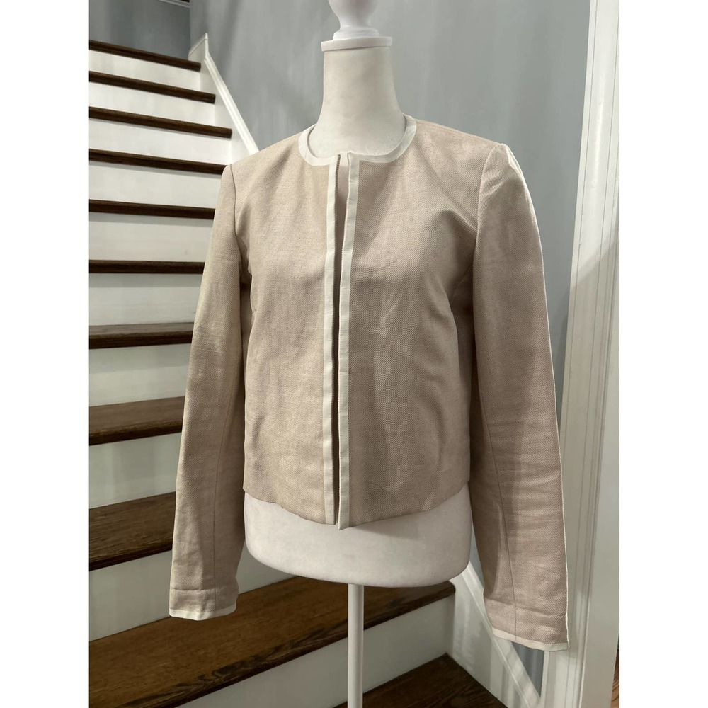 COPY - Theory Linen Blend white Trim Open Front Beige Jacket Blazer SZ S/P
